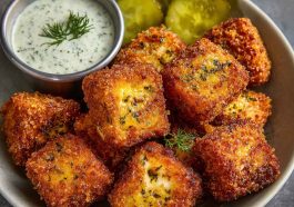 Golden crispy cheese bites with tangy pickles inside, served on a platter.
