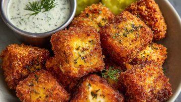 Golden crispy cheese bites with tangy pickles inside, served on a platter.