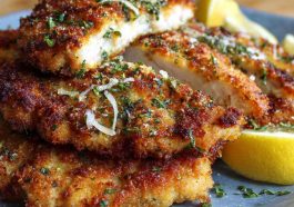 Crispy chicken cutlets topped with zesty lemon pecorino flavor, served on a rustic plate with fresh herbs and a golden crunchy coating.