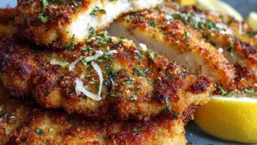 Crispy chicken cutlets topped with zesty lemon pecorino flavor, served on a rustic plate with fresh herbs and a golden crunchy coating.