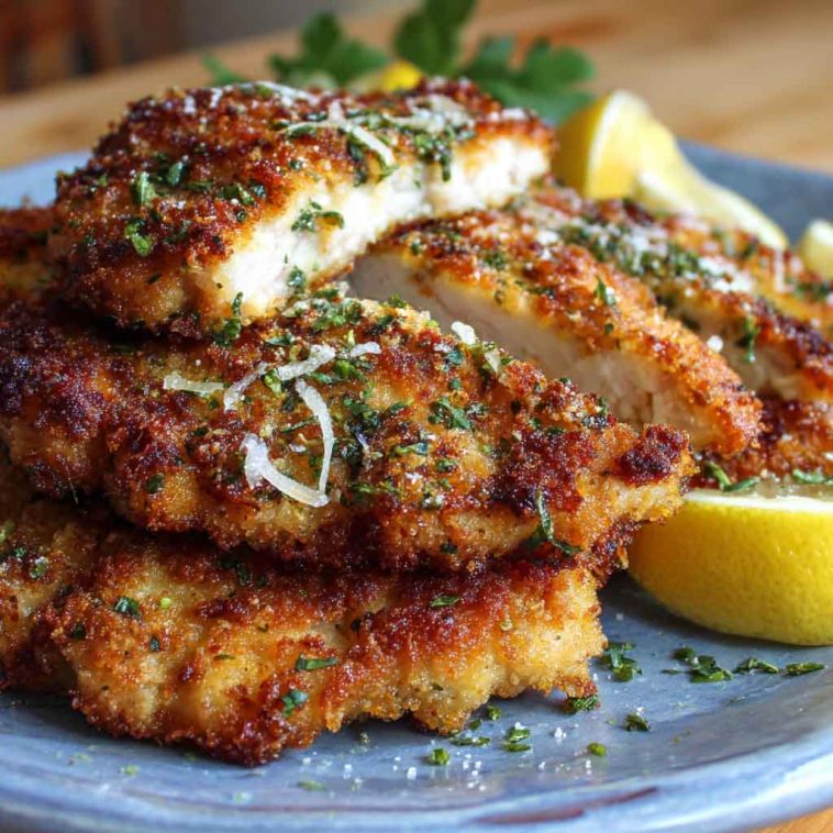 Crispy chicken cutlets topped with zesty lemon pecorino flavor, served on a rustic plate with fresh herbs and a golden crunchy coating.