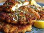 Crispy chicken cutlets topped with zesty lemon pecorino flavor, served on a rustic plate with fresh herbs and a golden crunchy coating.