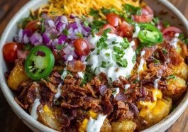 Loaded potato taco bowl filled with crispy roasted potatoes, seasoned ground beef, cheese, salsa, sour cream, and fresh toppings like lettuce and jalapeños, served in a rustic bowl.