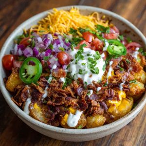 Loaded potato taco bowl filled with crispy roasted potatoes, seasoned ground beef, cheese, salsa, sour cream, and fresh toppings like lettuce and jalapeños, served in a rustic bowl.