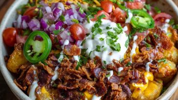 Loaded potato taco bowl filled with crispy roasted potatoes, seasoned ground beef, cheese, salsa, sour cream, and fresh toppings like lettuce and jalapeños, served in a rustic bowl.