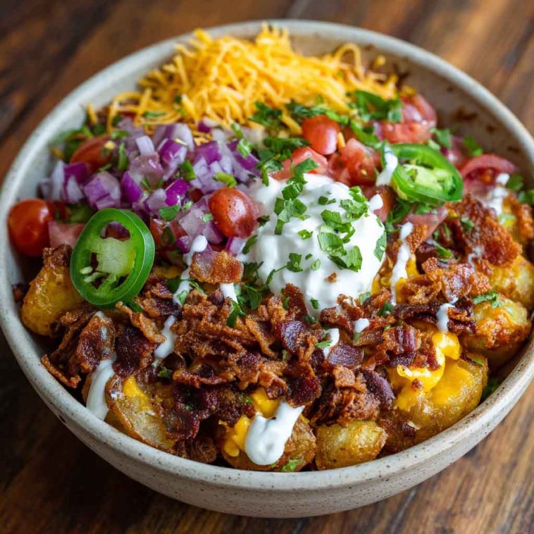 Loaded potato taco bowl filled with crispy roasted potatoes, seasoned ground beef, cheese, salsa, sour cream, and fresh toppings like lettuce and jalapeños, served in a rustic bowl.