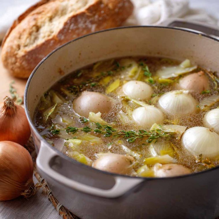 Homemade onion boil recipe with tender boiled onions, seasoned broth, and fresh herbs served in a rustic pot.