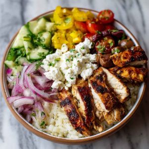Greek chicken bowl with marinated chicken, rice, cucumber, tomato, olives, and tzatziki sauce.
