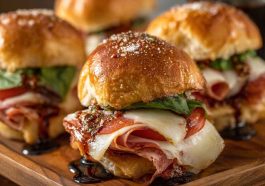 Hot Italian sub sliders baked golden brown with layers of salami, pepperoni, ham, melted cheese, and Italian seasoning, served on slider buns with a buttery glaze.