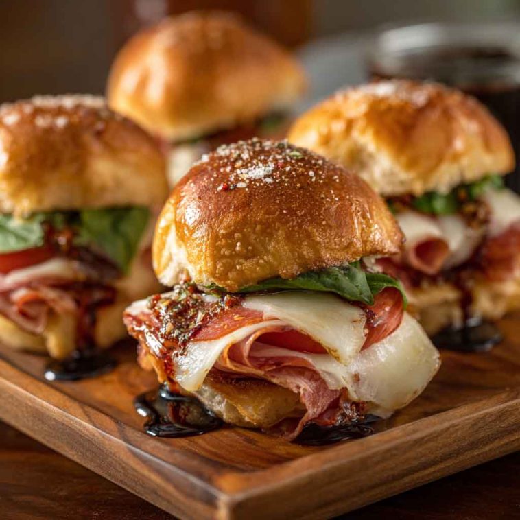Hot Italian sub sliders baked golden brown with layers of salami, pepperoni, ham, melted cheese, and Italian seasoning, served on slider buns with a buttery glaze.