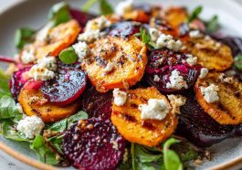 Creamy roasted beet salad with sweet potato cubes, crumbled feta cheese, and fresh greens drizzled with dressing, served on a rustic plate.