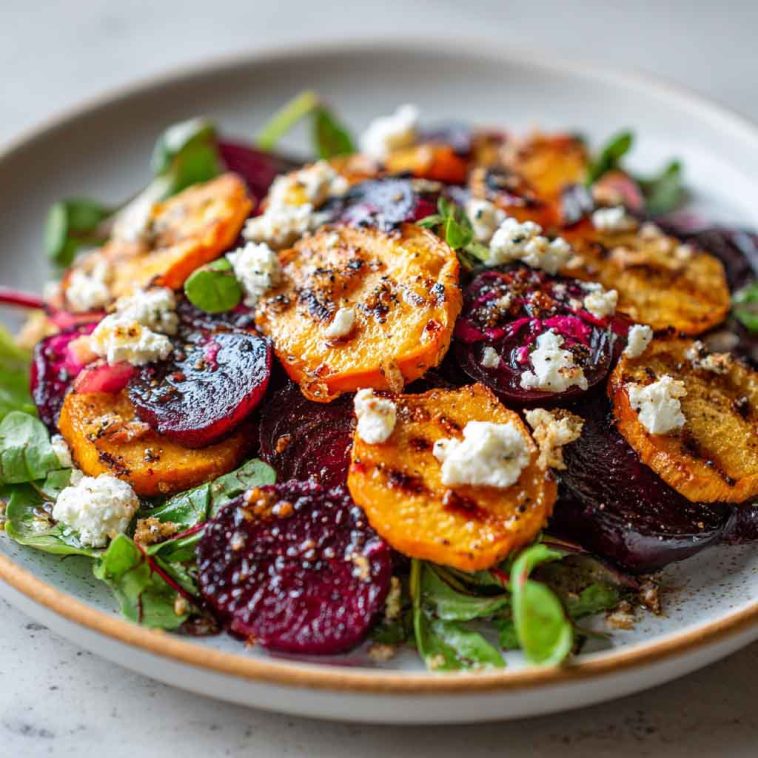 Creamy roasted beet salad with sweet potato cubes, crumbled feta cheese, and fresh greens drizzled with dressing, served on a rustic plate.