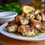 Chicken souvlaki skewers marinated in olive oil, lemon juice, garlic, and herbs, grilled to perfection and served with pita bread, tzatziki, and fresh vegetables.