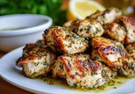 Chicken souvlaki skewers marinated in olive oil, lemon juice, garlic, and herbs, grilled to perfection and served with pita bread, tzatziki, and fresh vegetables.