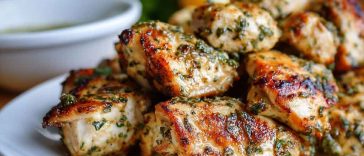 Chicken souvlaki skewers marinated in olive oil, lemon juice, garlic, and herbs, grilled to perfection and served with pita bread, tzatziki, and fresh vegetables.