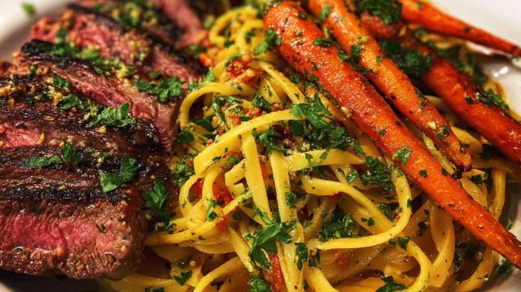 Cowboy butter steak linguine served in a rustic bowl with tender steak slices, creamy linguine tossed in cowboy butter sauce, roasted carrots, and fresh parsley garnish.