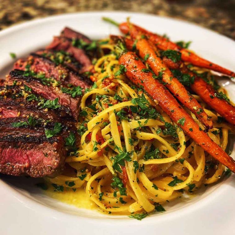 Cowboy butter steak linguine served in a rustic bowl with tender steak slices, creamy linguine tossed in cowboy butter sauce, roasted carrots, and fresh parsley garnish.