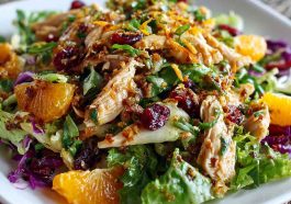 Asian chicken cranberry salad served in a large bowl with shredded chicken, crisp cabbage, carrots, dried cranberries, toasted almonds, and sesame dressing, garnished with green onions.