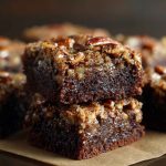 Pecan pie brownies with a fudgy chocolate base topped with gooey pecan pie filling, baked golden brown and sliced into squares, garnished with extra pecans.