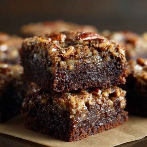 Pecan pie brownies with a fudgy chocolate base topped with gooey pecan pie filling, baked golden brown and sliced into squares, garnished with extra pecans.