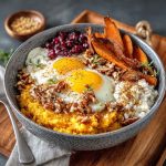 Sweet potato breakfast bowl topped with creamy yogurt, fresh berries, crunchy granola, and a drizzle of nut butter, served in a rustic bowl with vibrant colors.