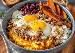 Sweet potato breakfast bowl topped with creamy yogurt, fresh berries, crunchy granola, and a drizzle of nut butter, served in a rustic bowl with vibrant colors.