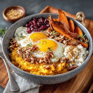 Sweet potato breakfast bowl topped with creamy yogurt, fresh berries, crunchy granola, and a drizzle of nut butter, served in a rustic bowl with vibrant colors.