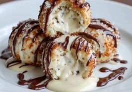 Delicious Italian cream bombs dusted with powdered sugar, filled with creamy custard, and served on a rustic plate with fresh mint garnish.