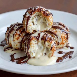 Delicious Italian cream bombs dusted with powdered sugar, filled with creamy custard, and served on a rustic plate with fresh mint garnish.