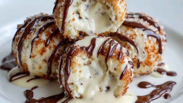 Delicious Italian cream bombs dusted with powdered sugar, filled with creamy custard, and served on a rustic plate with fresh mint garnish.