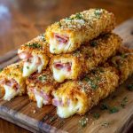 Golden baked ham and cheese sticks with melted cheese and savory ham wrapped in flaky pastry, served warm with dipping sauce.