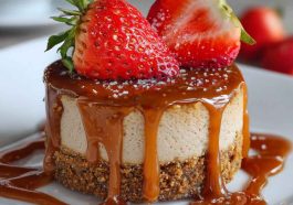 Delicious cheesecake with strawberries and caramel