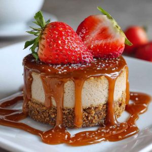 Delicious cheesecake with strawberries and caramel