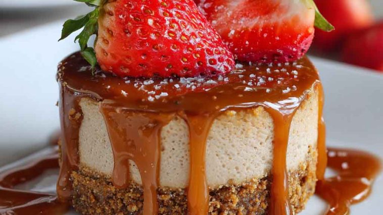 Delicious cheesecake with strawberries and caramel