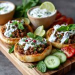 Mediterranean mini lahmacun bites topped with spiced ground meat, fresh herbs, and drizzled with creamy yogurt sauce, served on a platter as an appetizer.