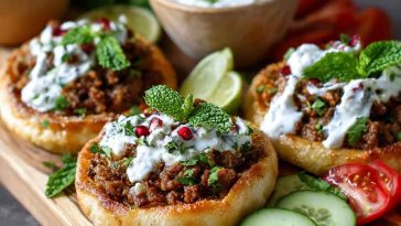 Mediterranean mini lahmacun bites topped with spiced ground meat, fresh herbs, and drizzled with creamy yogurt sauce, served on a platter as an appetizer.