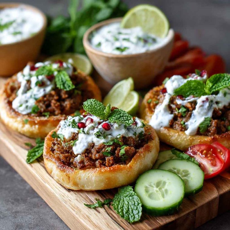 Mediterranean mini lahmacun bites topped with spiced ground meat, fresh herbs, and drizzled with creamy yogurt sauce, served on a platter as an appetizer.