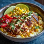 Quick and delicious street corn chicken bowls served with grilled chicken, roasted corn, creamy sauce, rice, and fresh toppings like cilantro and lime.
