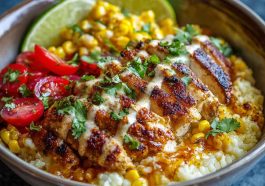Quick and delicious street corn chicken bowls served with grilled chicken, roasted corn, creamy sauce, rice, and fresh toppings like cilantro and lime.