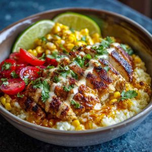 Quick and delicious street corn chicken bowls served with grilled chicken, roasted corn, creamy sauce, rice, and fresh toppings like cilantro and lime.