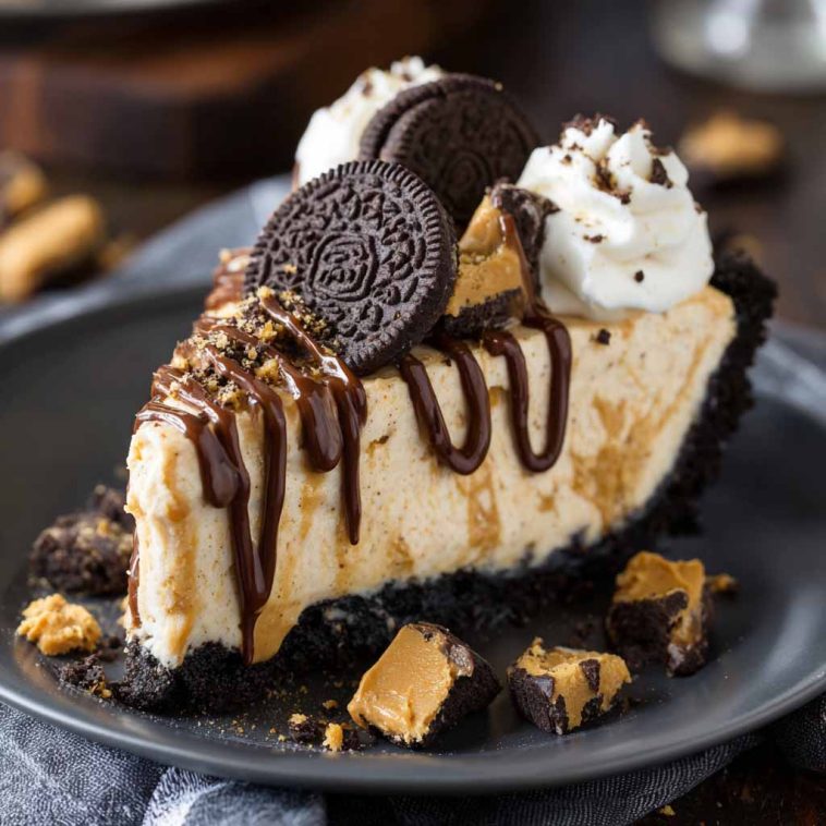 Unbelievable peanut butter pie with Oreo crust and creamy filling, topped with whipped cream and mini peanut butter cups, served chilled on a dessert plate.