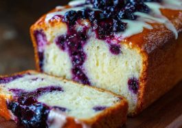 Blueberry cream cheese loaf with golden crust, swirled cream cheese filling, and fresh blueberries, sliced and served on a wooden board.
