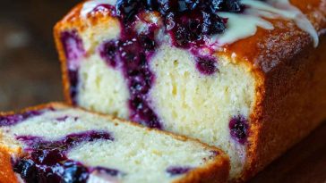 Blueberry cream cheese loaf with golden crust, swirled cream cheese filling, and fresh blueberries, sliced and served on a wooden board.