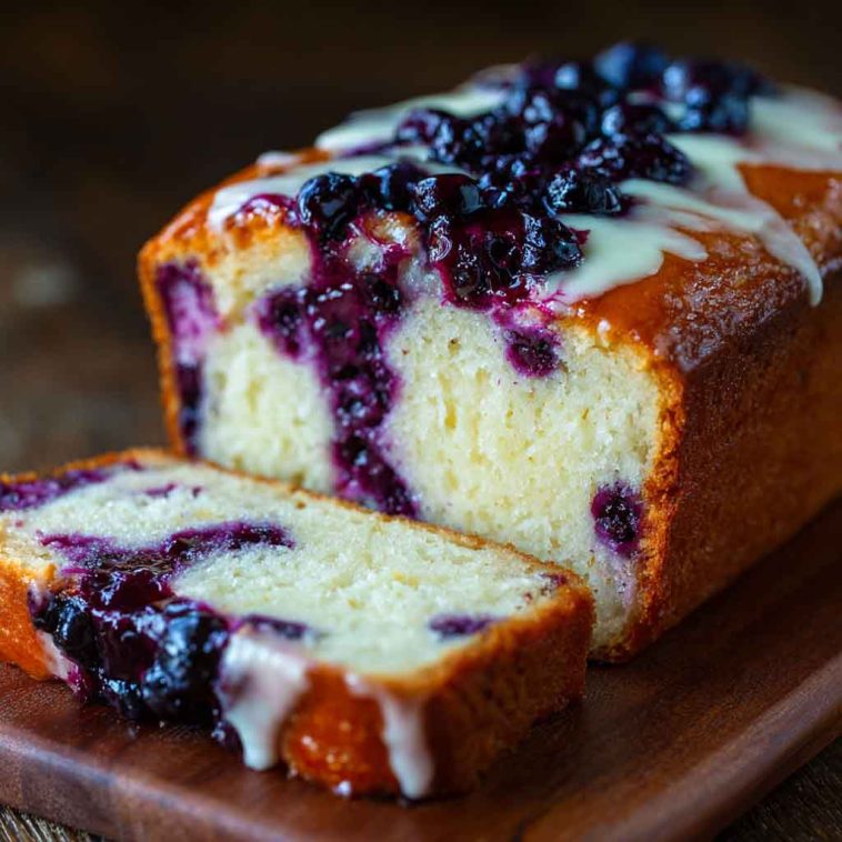 Blueberry cream cheese loaf with golden crust, swirled cream cheese filling, and fresh blueberries, sliced and served on a wooden board.