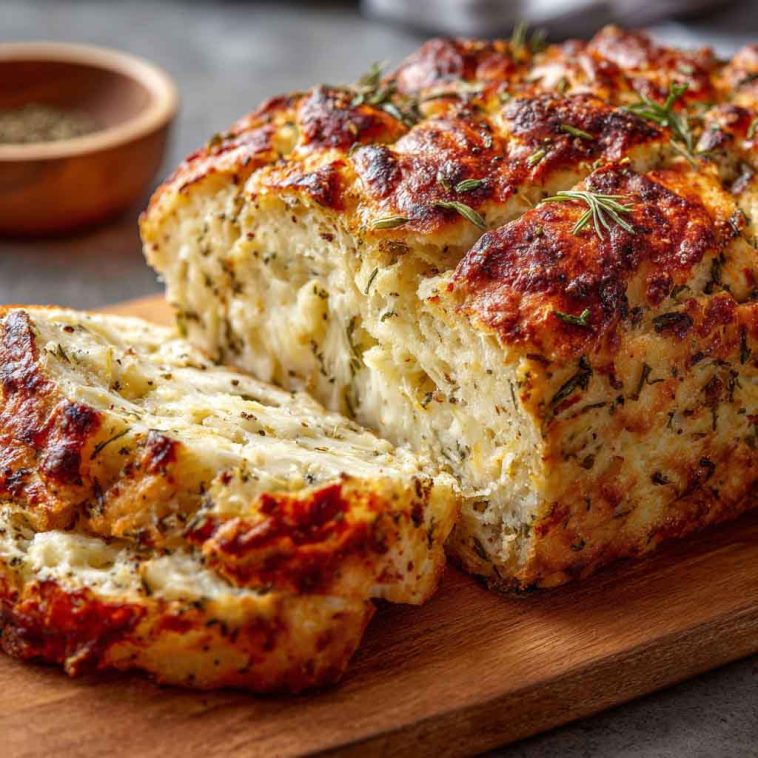 Homemade Italian herbs and cheese bread baked golden brown, topped with melted cheese, fresh rosemary, oregano, and parsley.