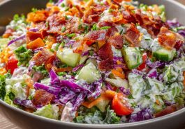 Bacon ranch chopped salad with lettuce, tomatoes, cheese, and crispy bacon pieces in a bowl.