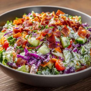 Bacon ranch chopped salad with lettuce, tomatoes, cheese, and crispy bacon pieces in a bowl.