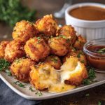 Golden brown fried cheese bites with a crispy coating and gooey melted cheese inside, served on a platter with dipping sauces.