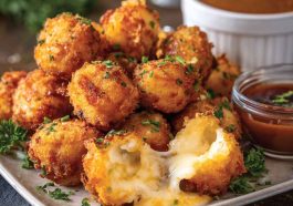 Golden brown fried cheese bites with a crispy coating and gooey melted cheese inside, served on a platter with dipping sauces.