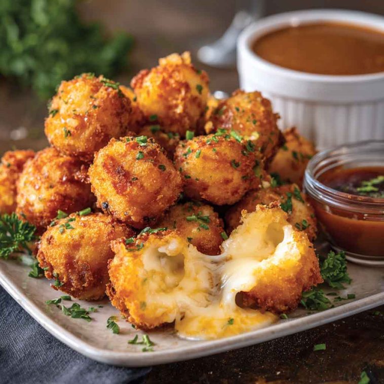 Golden brown fried cheese bites with a crispy coating and gooey melted cheese inside, served on a platter with dipping sauces.